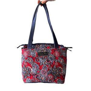 Donna Sharp Quilted Tote Shoulder Handbag Red Navy Floral Geometric Pattern
